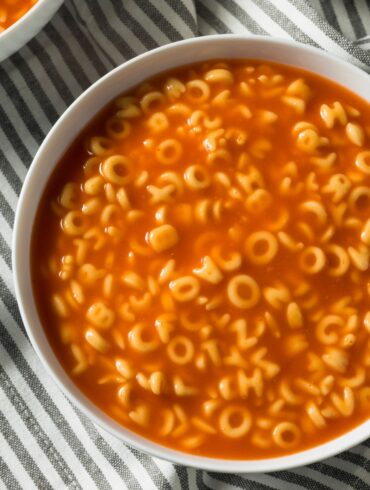 Overhead image of Alphabet Soup in a white bowl