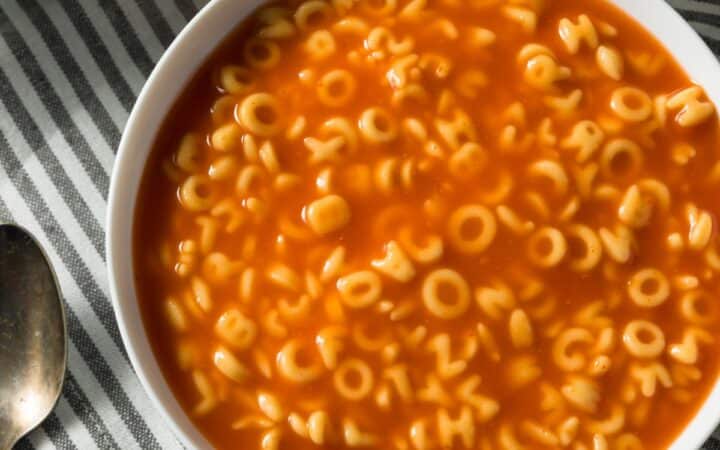 Overhead image of Alphabet Soup in a white bowl