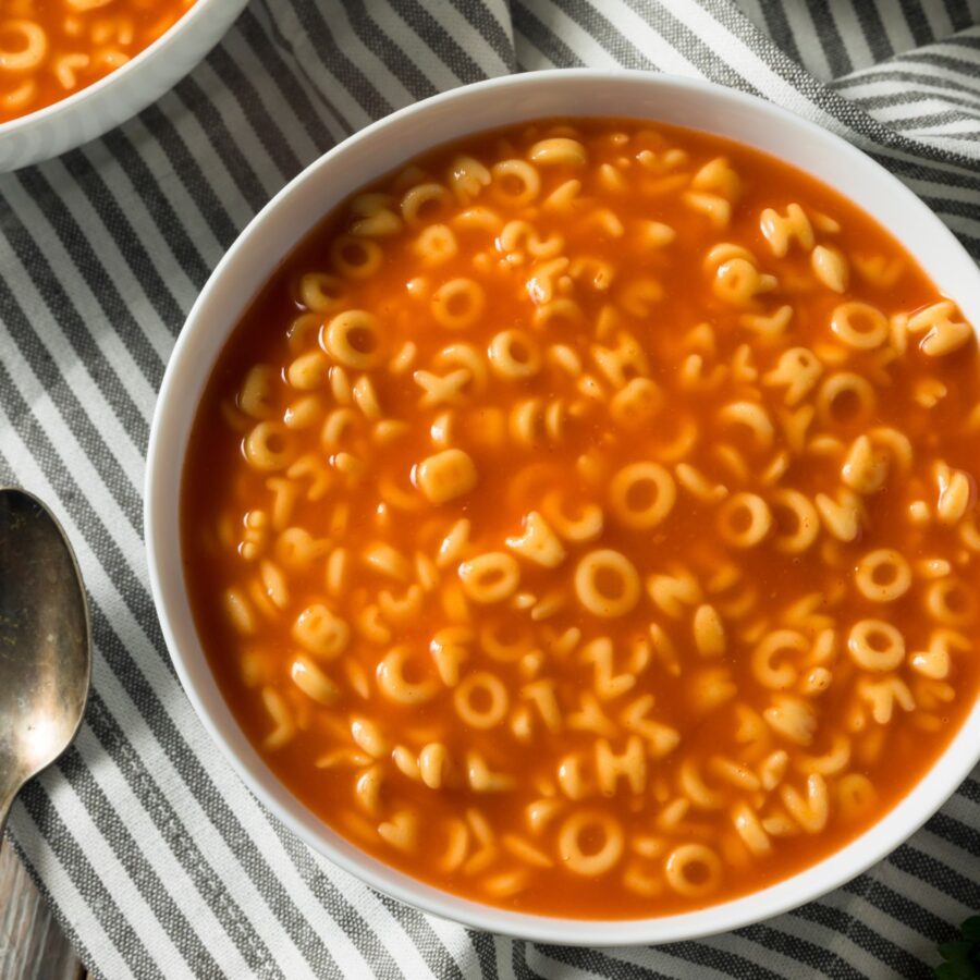 Overhead image of Alphabet Soup in a white bowl