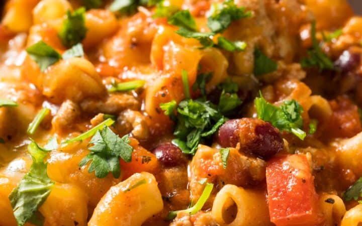 Close up image of Chili Mac in a bowl