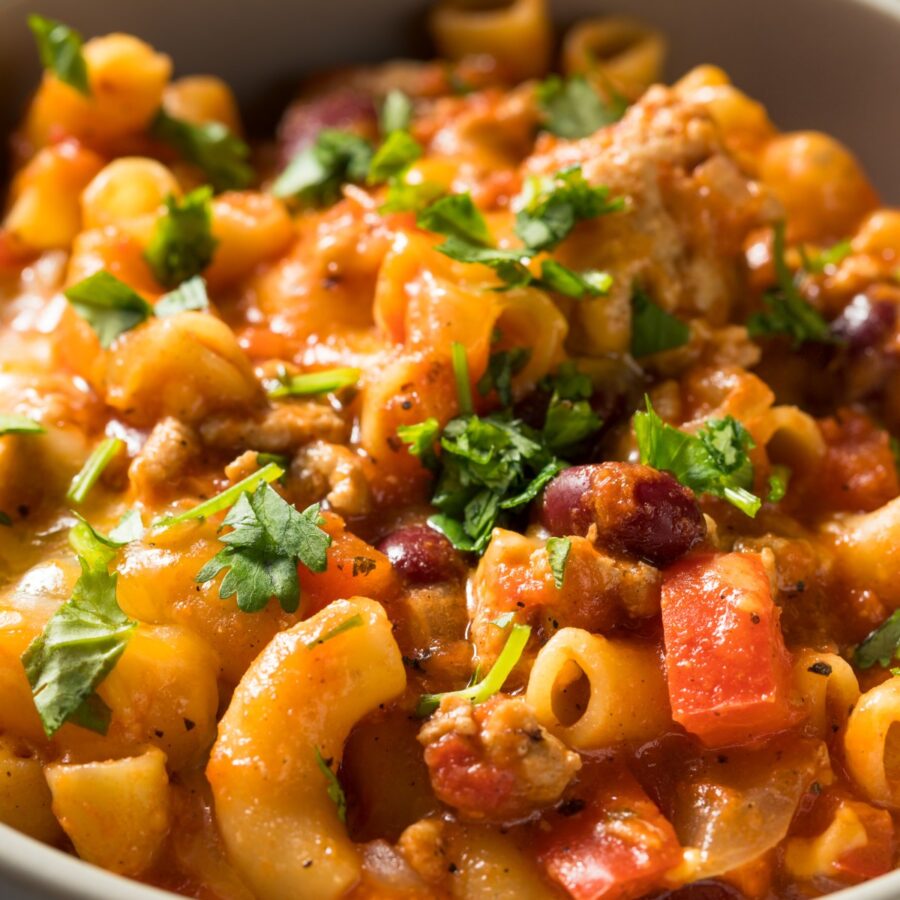 Close up image of Chili Mac in a bowl