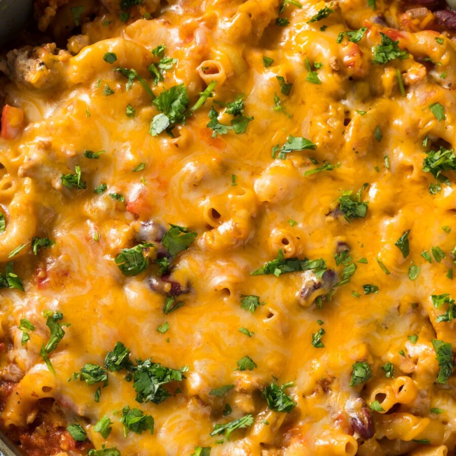 Overhead image of Chili Mac with melted cheese on top