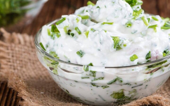 cream cheese dip in a glass bowl