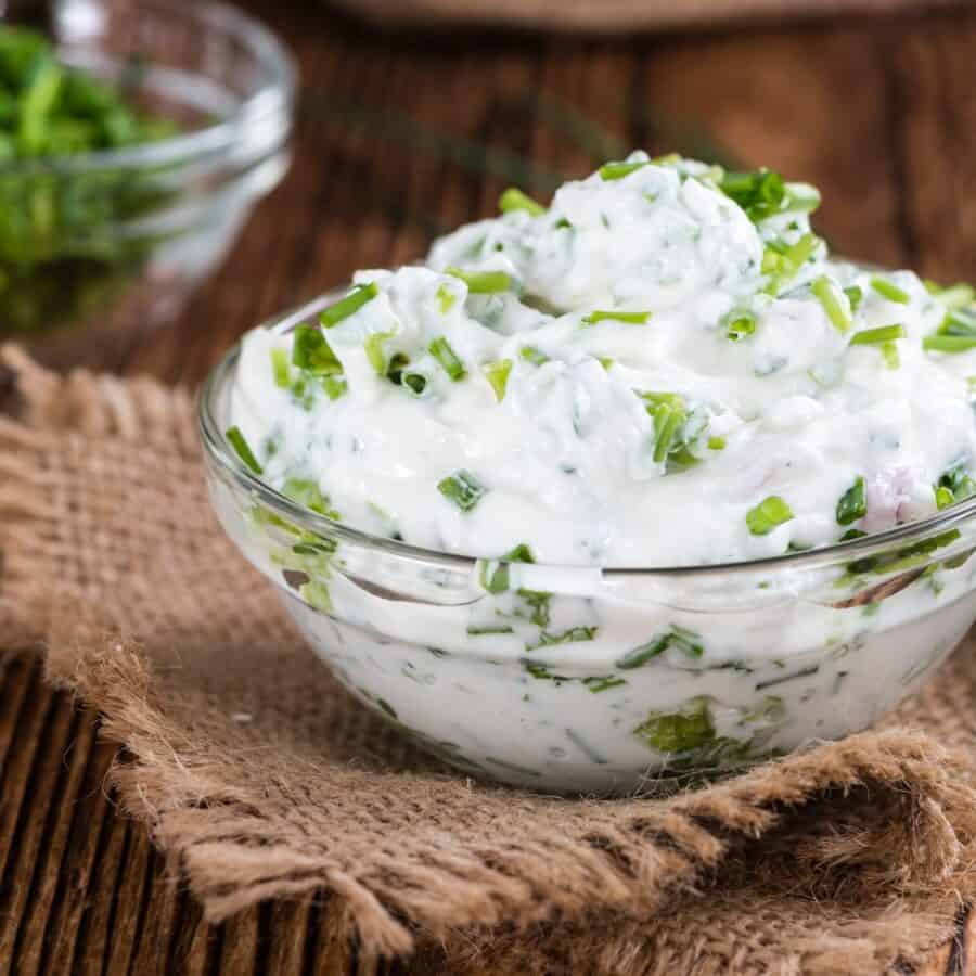 cream cheese dip in a glass bowl