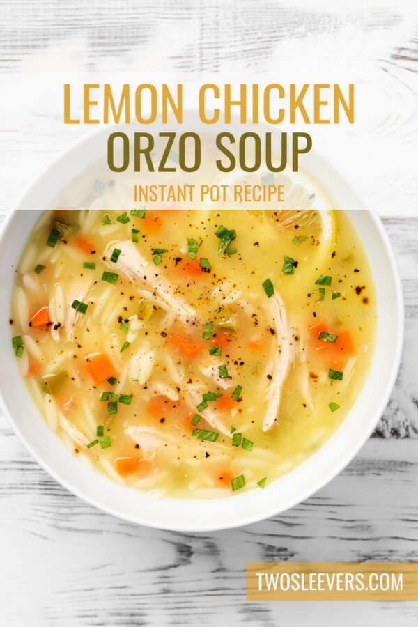 Lemon Chicken Orzo Soup Pin with text overlay