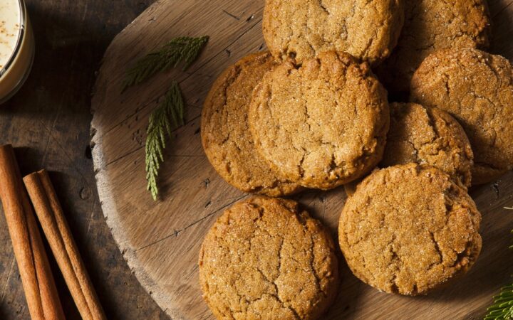 Overhead image of Molasses Cookies on a wooden cutting board