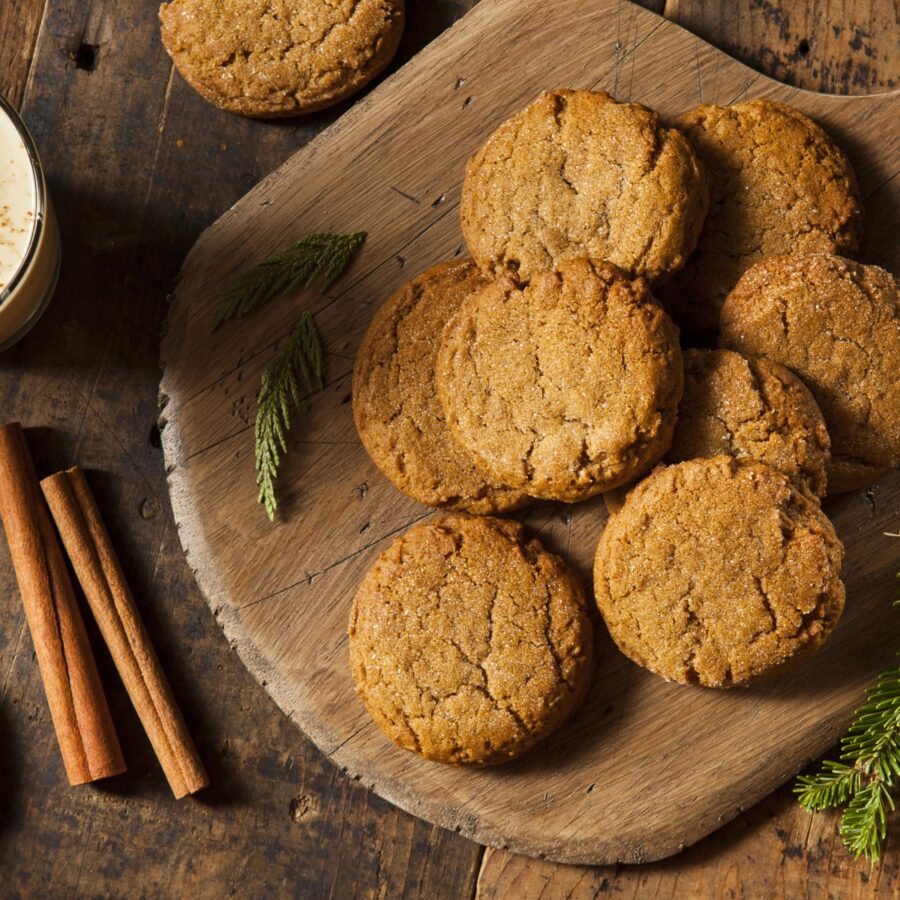 Overhead image of Molasses Cookies on a wooden cutting board