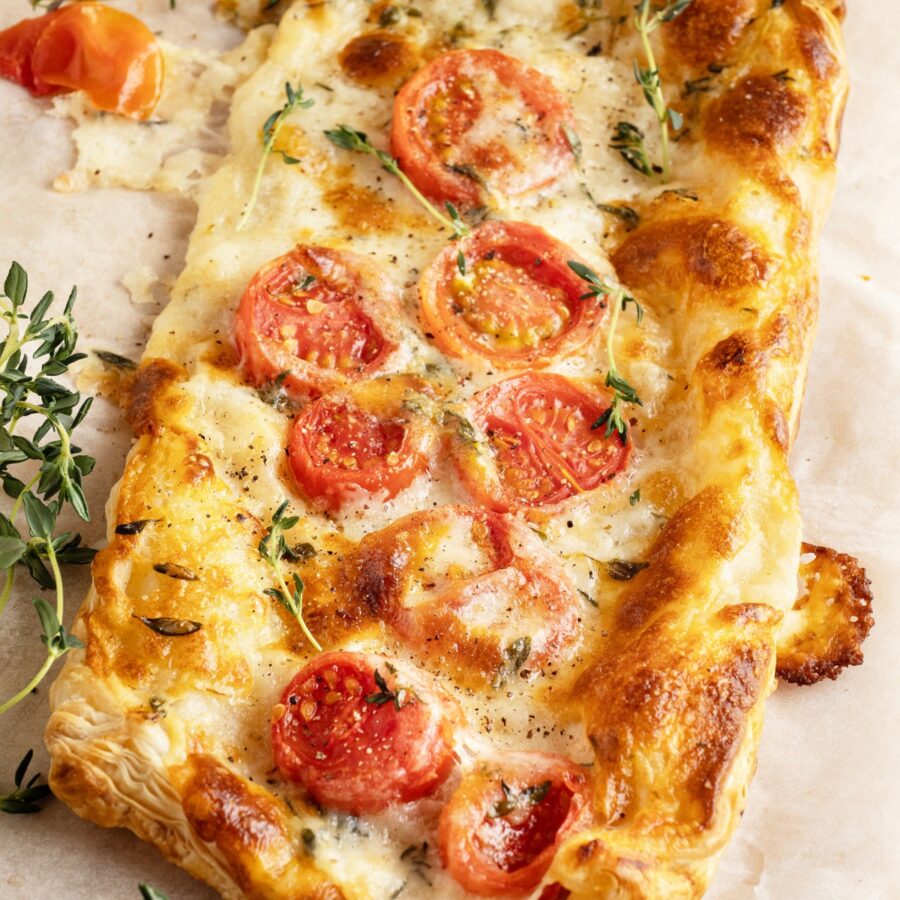 Close up image of Puff Pastry Pizza with toppings