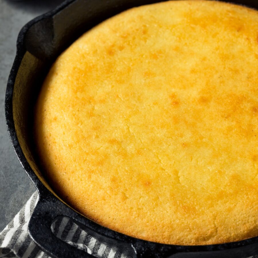 Close up image of Skillet Cornbread in a cast iron pan