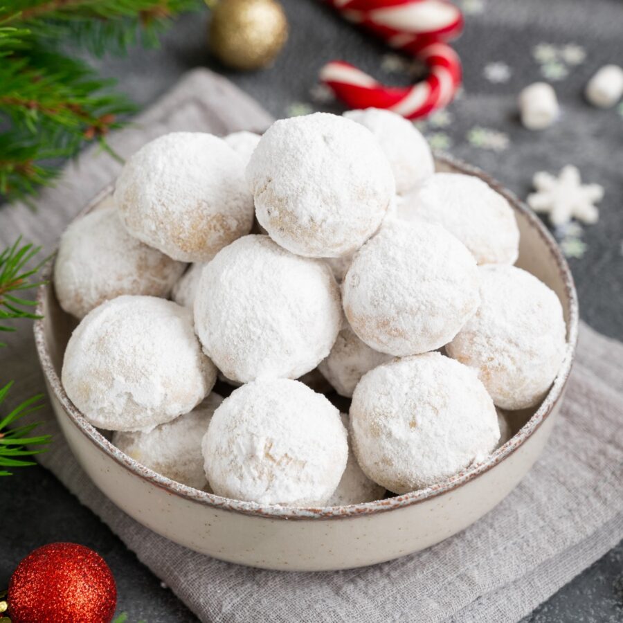 Overhead image of a bowl full of Snowball Cookies