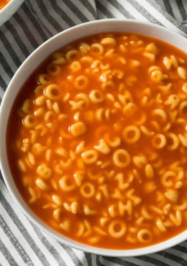 Overhead image of Alphabet Soup in a white bowl