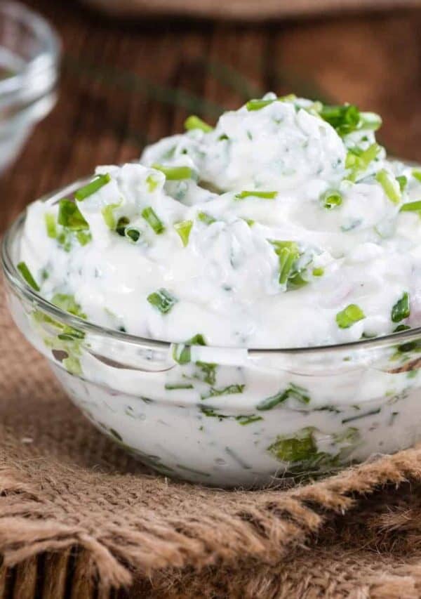 cream cheese dip in a glass bowl