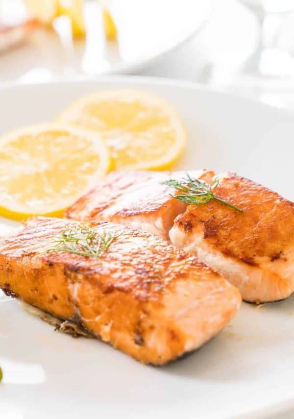 Honey Lemon Salmon on a plate with asparagus