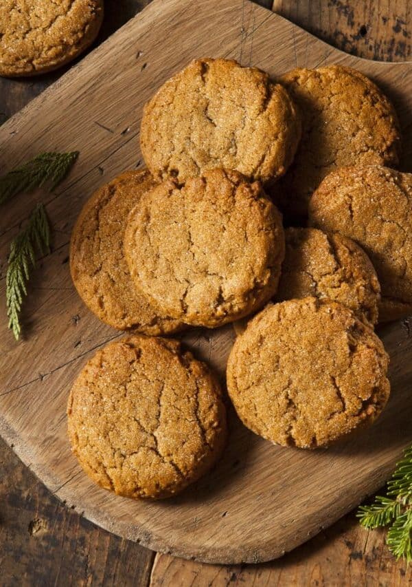 Overhead image of Molasses Cookies on a wooden cutting board