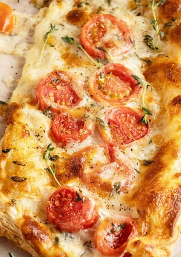 Close up image of Puff Pastry Pizza with toppings