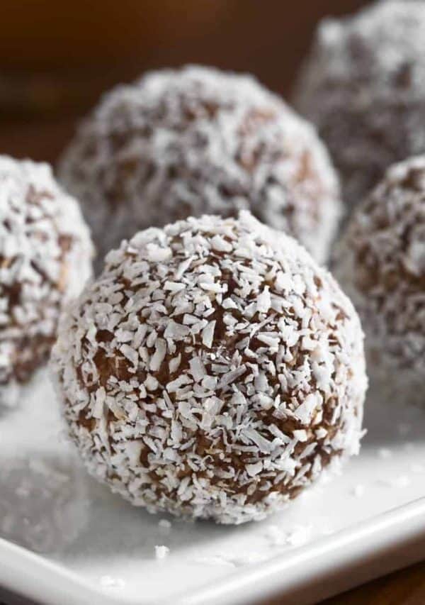 Five Rum Balls on a white plate