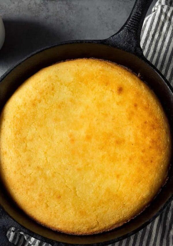 Overhead image of Skillet Cornbread on a decorative towel