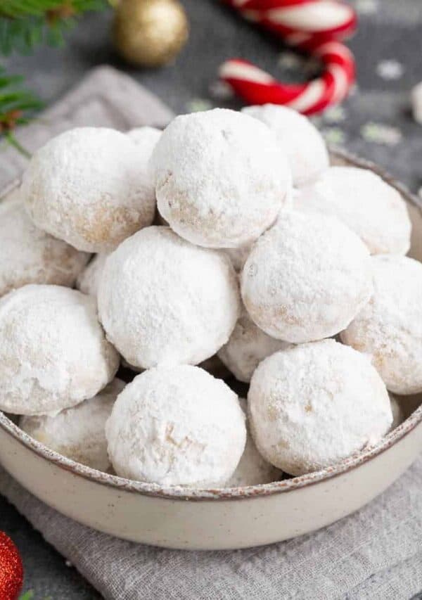 Overhead image of a bowl full of Snowball Cookies