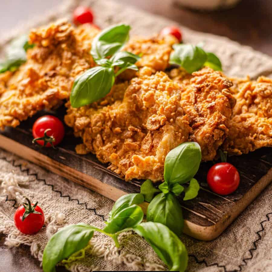 Conflake chicken on a pan with fresh herbs