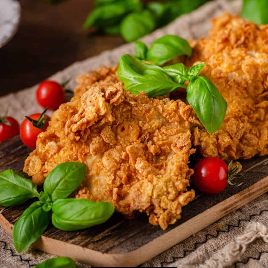 Close up image of cornflake chicken on a sheet pan