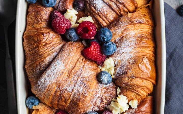 Overhead image of Croissant French Toast Casserole in a baking dish