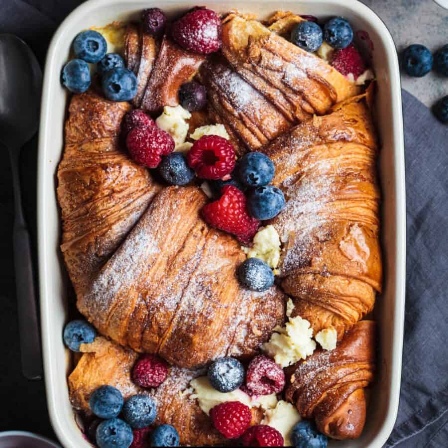 Overhead image of Croissant French Toast Casserole in a baking dish