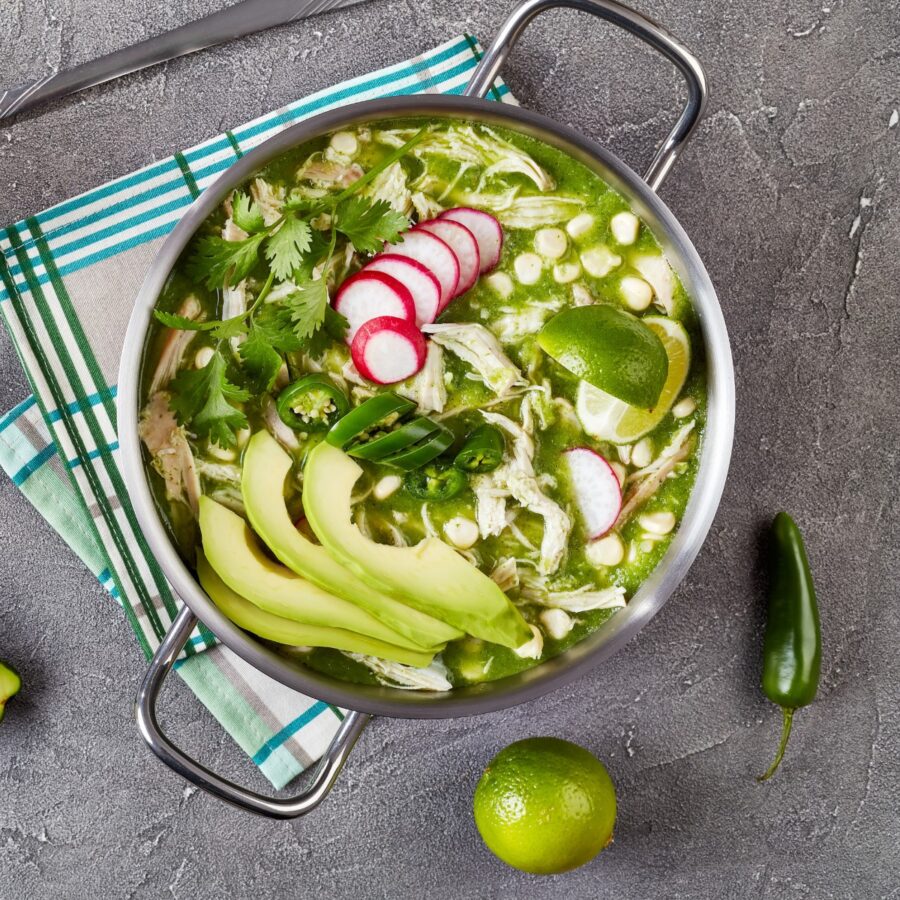 Overhead image of Pozole Verde in a pot