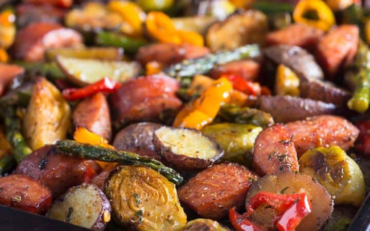 Sheet Pan Sausage and Veggies on a baking pan