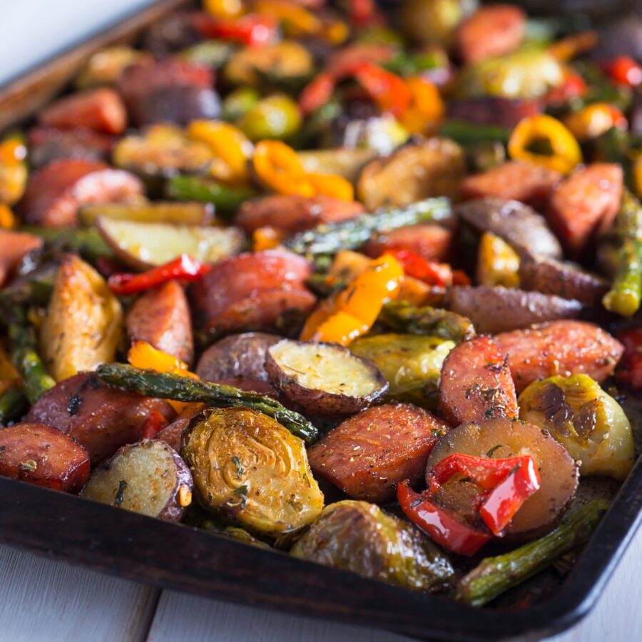 Sheet Pan Sausage and Veggies on a baking pan