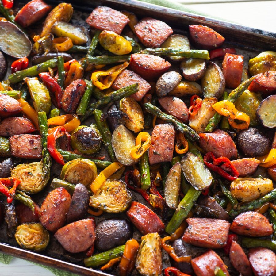 Overhread image of sheet pan sausage and veggies