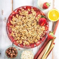 Overhead image of Strawberry Crumble in a round dish