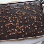 Overhead image of texas sheet cake in a jelly roll pan