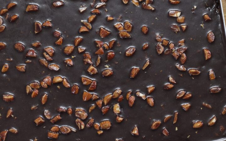 Overhead image of texas sheet cake in a jelly roll pan