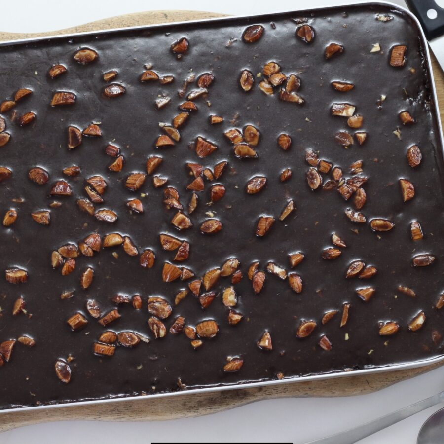 Overhead image of texas sheet cake in a jelly roll pan