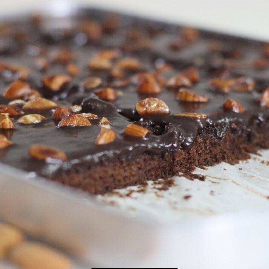 Close up image of a cut Texas Sheet Cake