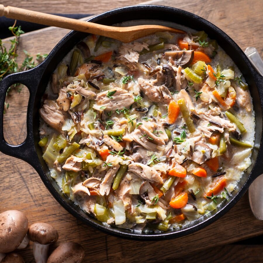 Overhead image of turkey and wild rice soup in a pot