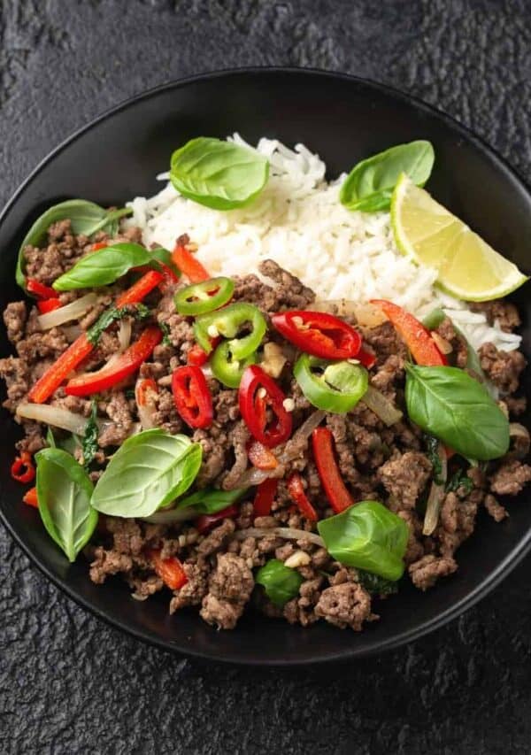 Overhead image of Pad Kra Pao in a black bowl