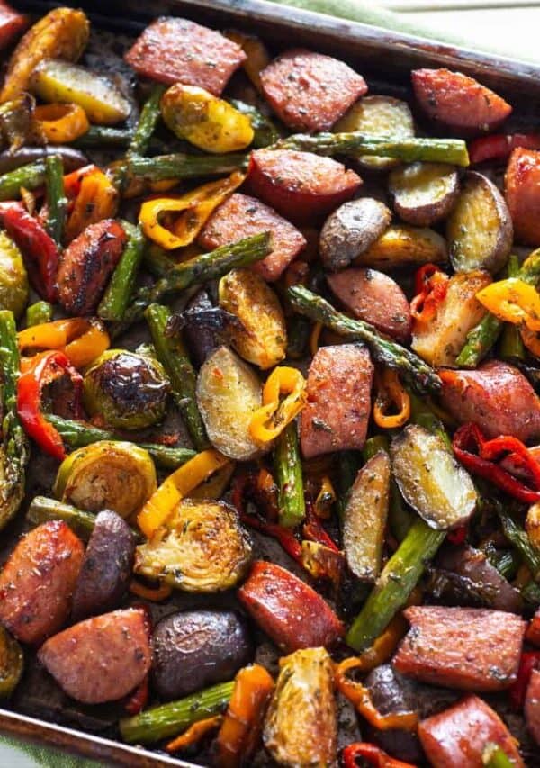 Overhread image of sheet pan sausage and veggies