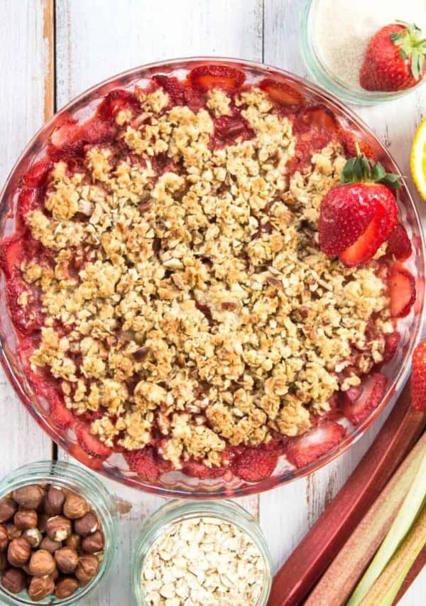 Overhead image of Strawberry Crumble in a round dish