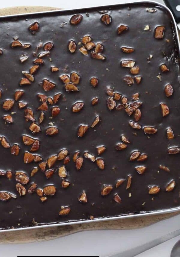 Overhead image of texas sheet cake in a jelly roll pan