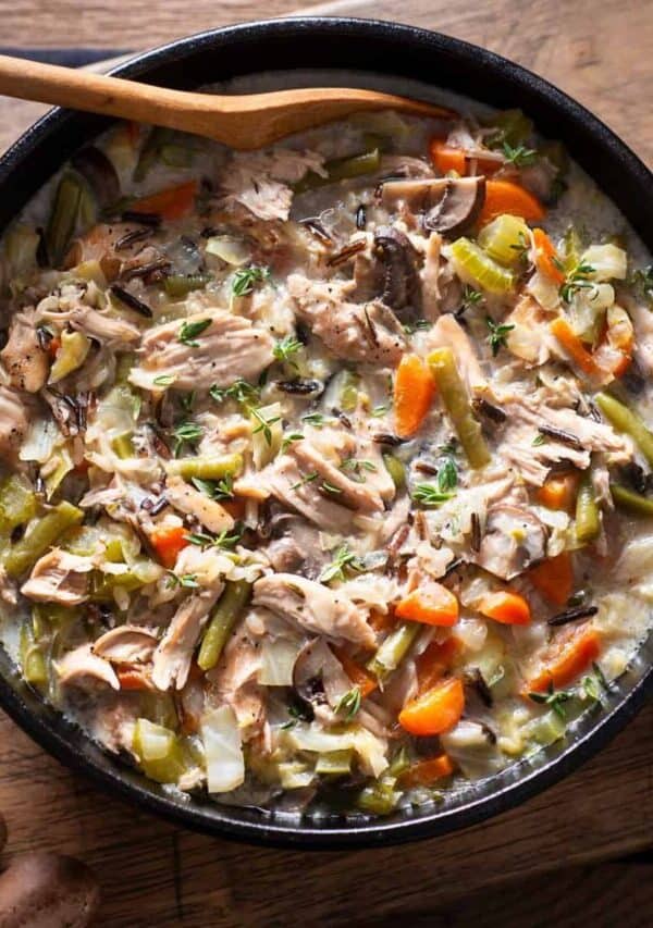 Overhead image of turkey and wild rice soup in a pot