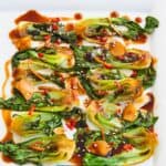 Overhead image of Air Fryer Bok Choy on a white platter - 9