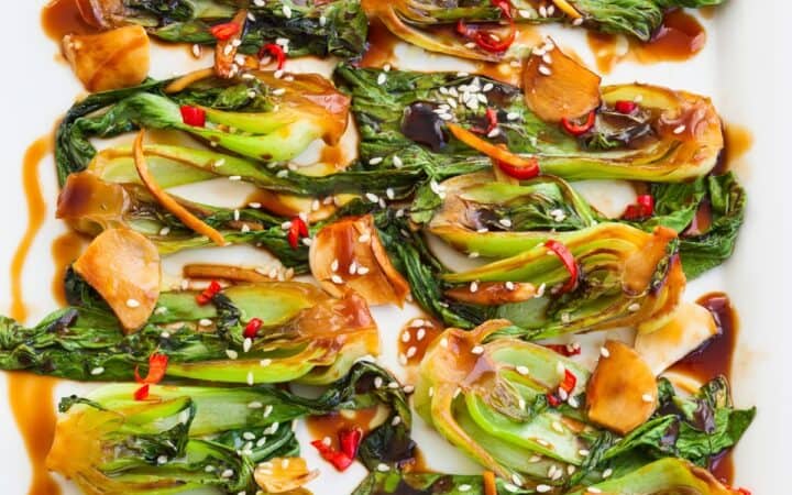 Overhead image of Air Fryer Bok Choy on a white platter