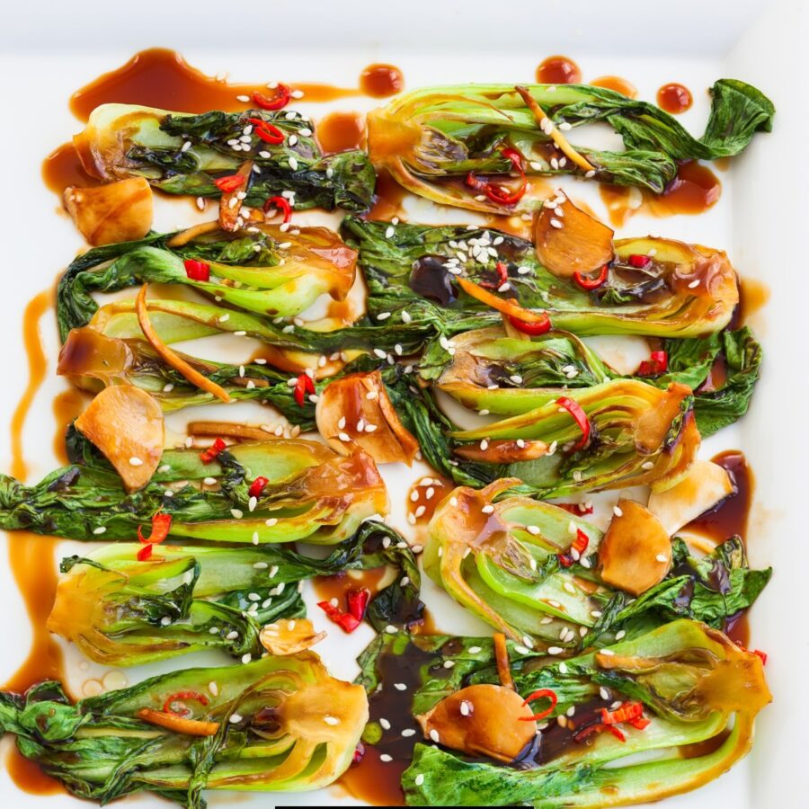 Overhead image of Air Fryer Bok Choy on a white platter