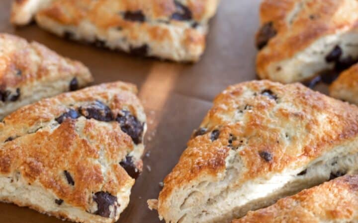 Chocolate Chip Scones on a wooden surface