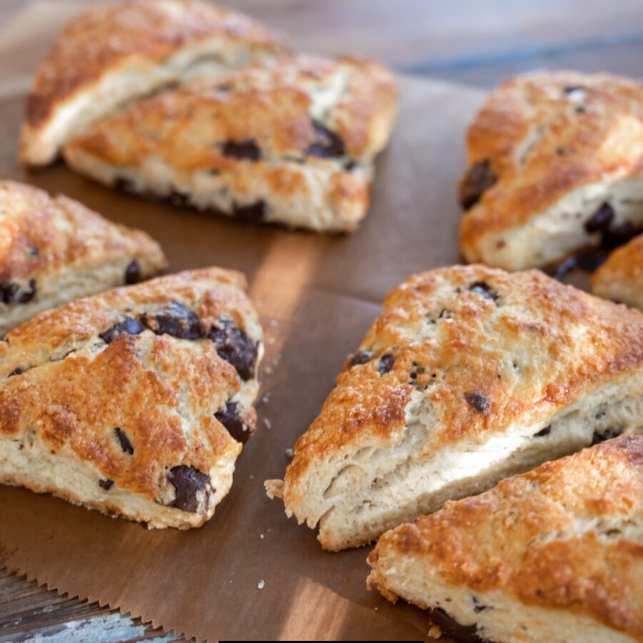 Chocolate Chip Scones on a wooden surface