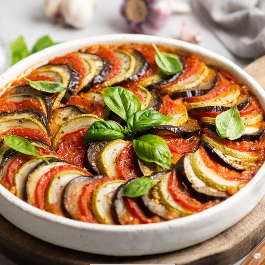 Close up image of Layered Ratatouille in a white dish