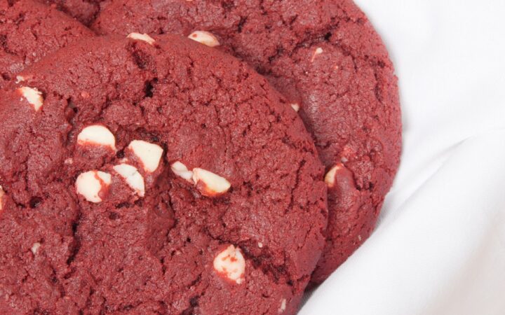 Close up image of Red Velvet Cookies on a white background