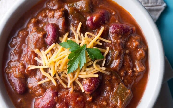 Overhead image of Slow Cooker Chili in a white bowl