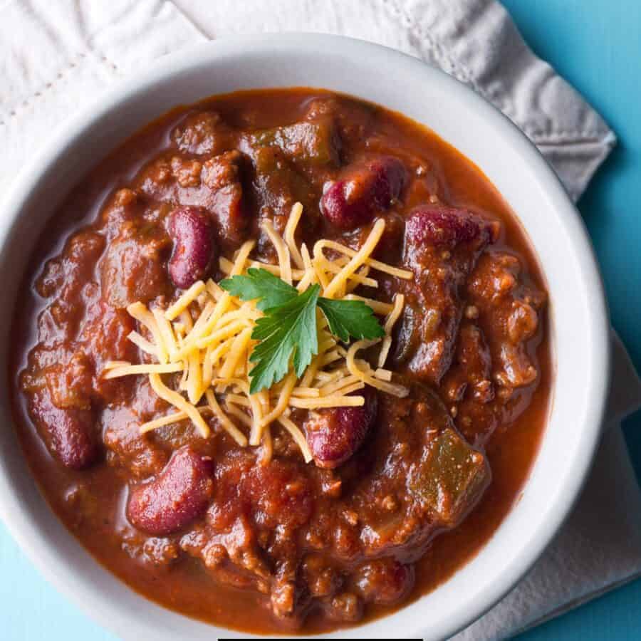 Overhead image of Slow Cooker Chili in a white bowl